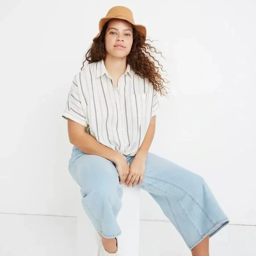 Madewell Tie-Front‎ Shirt in Montpellier Stripe, Short Sleeve, Size Small